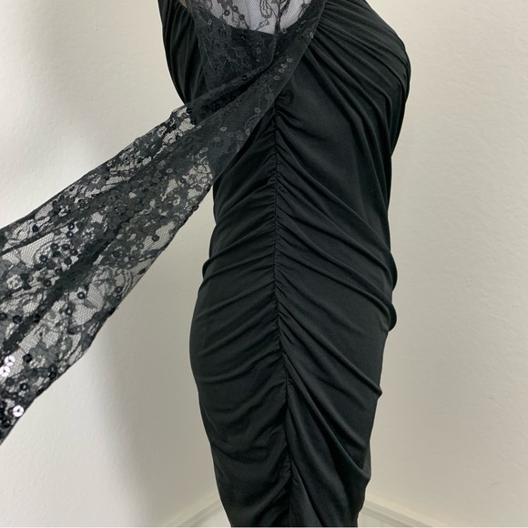 NWT Vintage Aidan Mattox Y2K One Shoulder Lace Sequin Ruched Black Mini Dress - Picture 12 of 17